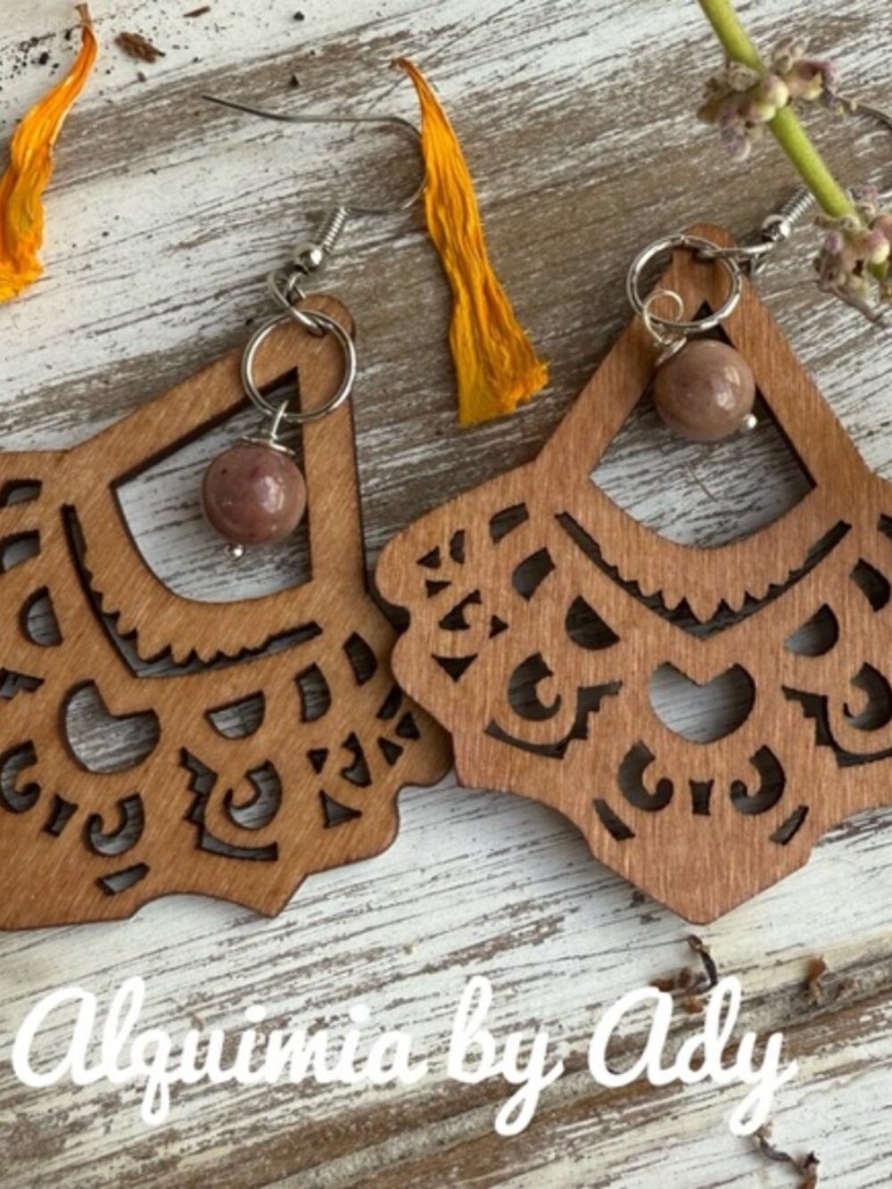 Ultra big Rhodonite Wooden Laser-Cut Filigree Earrings with Brown Stone Bead